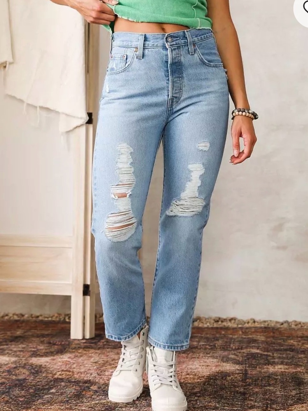 Levi's 501 original cropped 100% cotton high rise straight leg Distressed Jeans